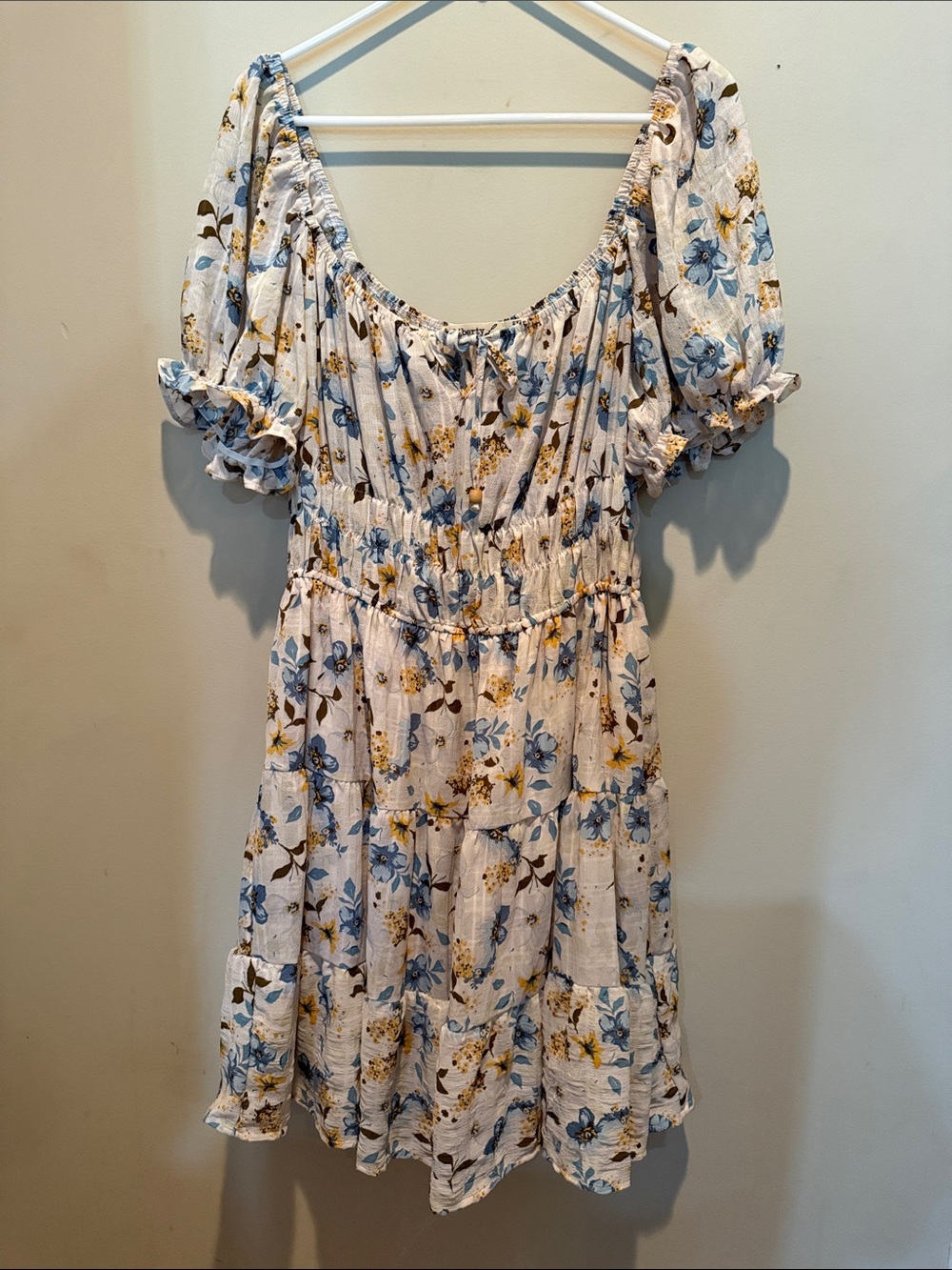 Liberty Love White Floral Mini Dress with Blue and Yellow Blossoms